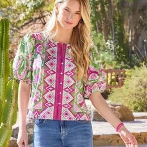 Karen Kane Puff Sleeve Button front Top Pink Green Boho Print Size M